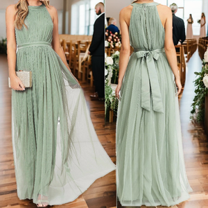 Elegant Wedding Womens Lady Quinceanera Prom Sage Green Plus Size Sleeveless Halter Neck Pleated Long Bridesmaid Empire Draped - Product Image 2