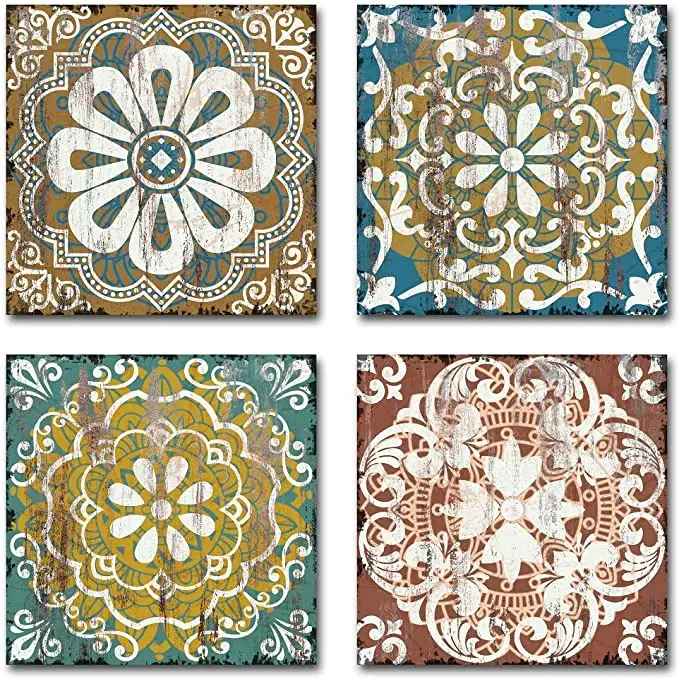 Mandala Canvas Prints Wall Art 4 Panel Vintage Flower Pattern Pictures Ready to Hang