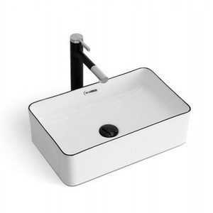 Lavabo de encimera nórdico con borde negro, 60x37cm, lavabo cuadrado de cerámica con un solo orificio - Product Image 1