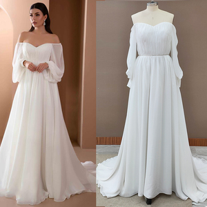 10144 # fuera del hombro fruncido gasa vestido de novia Simple Sweetheart <span class=keywords><strong>2021</strong></span> barato espalda descubierta mangas largas hinchadas vestido de novia - Product Image 1