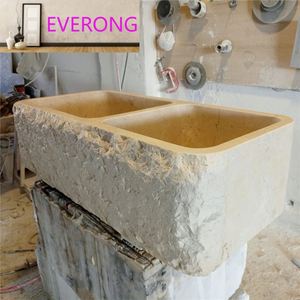 Lavabo double en <span class=keywords><strong>travertin</strong></span> brut, sculpté à la main, pour <span class=keywords><strong>salle</strong></span> <span class=keywords><strong>de</strong></span> <span class=keywords><strong>bain</strong></span>, toilettes ou cuisine - Product Image 2