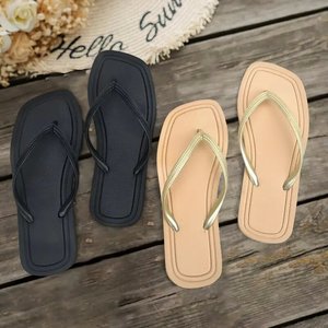 Chanclas de verano para mujer, chanclas informales de color sólido, cómodas, antideslizantes, ligeras, para interiores y exteriores, para playa, Cabeza Cuadrada, Sandalias planas de EVA - Product Image 1