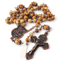 Collier de chapelet catholique en pierres de jaspe picturale de 6 mm, Saint-Michel, plaqué cuivre antique