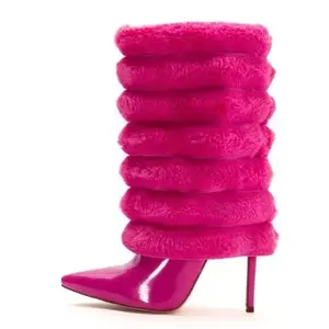 Enmayer parti botları 2023 sıcak satış sıcak pembe kabarık kürk stiletto topuklu yarım çizmeler seksi platform ayakkabılar özel sıcak diz çizmeler