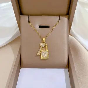 Gold Plated Stainless Steel Chain Full Of Diamond Key Love Lock Pendant Necklace For Women Titanium Steel Jewelry Charm