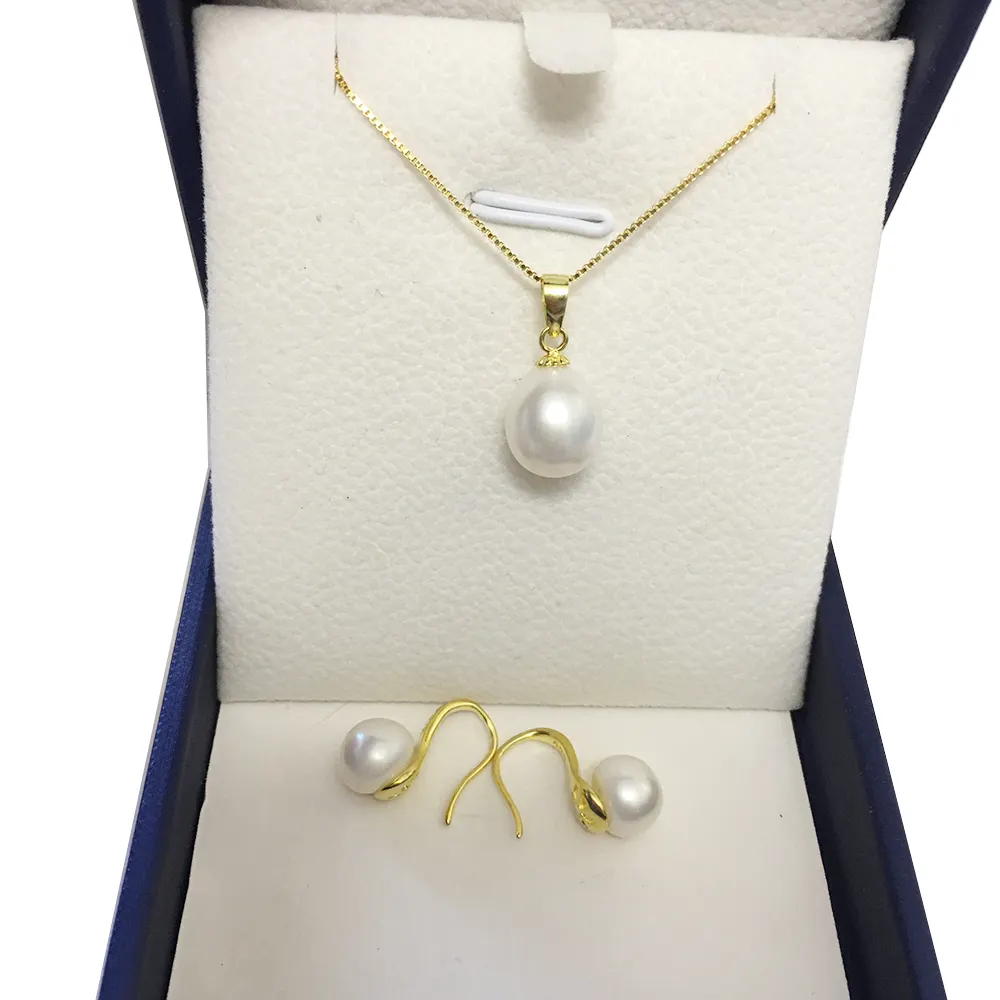 18 Inch 925 Zilver Natuurlijke Zoetwater Parel Sieraden Set Met Oorbel + Ketting, 8 Mm Aaa Rijst Parel