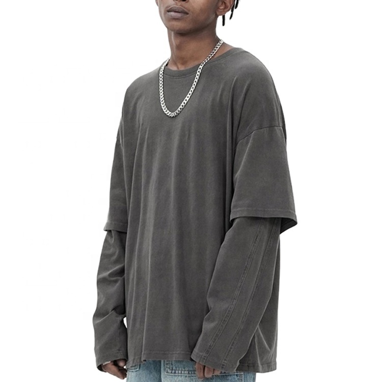 Layered Long Sleeve T Shirts Men Vintage Washed Cotton Double Layer Hip Hop Blank Plain Tee Shirt