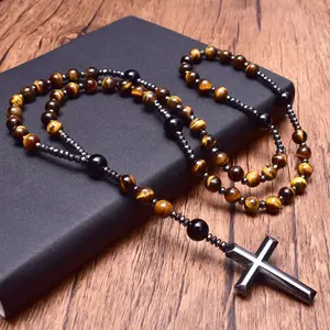 Obsidian hitam religius untuk pria kalung salib Obsidian hitam Onyx Afrika Turquoise batu mata harimau manik-manik doa kalung salib Kristen berkat