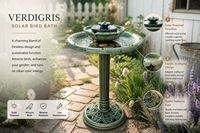 Fontaine de bain d'oiseaux solaire écologique, vert antique, style Art Déco, sur piédestal, pour jardin, résistante aux intempéries, en résine
