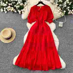 เดรสลำลองทรงเอไลน์สีแดง แขนสั้น คอวี แต่งผ้าลูกไม้ฉลุลาย สไตล์วินเทจสำหรับฤดูร้อน เหมาะสำหรับผู้หญิง - Product Image 1