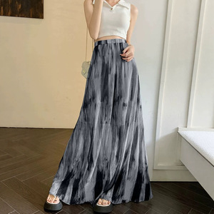 Tie-Dye Pleated Midi Skirt Women Chiffon A-Line Flowing Regular Waist Black Lined Summer Style - Product Image 4