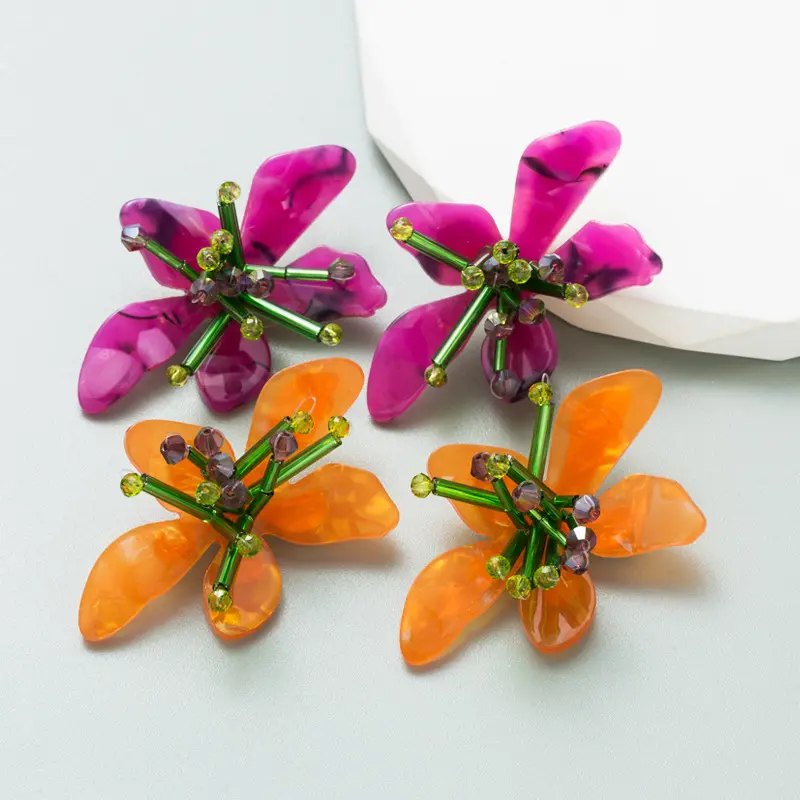 Colorful Acrylic Floral Stud Earrings Handmade Glass Beaded Flower Stud Earrings for Women
