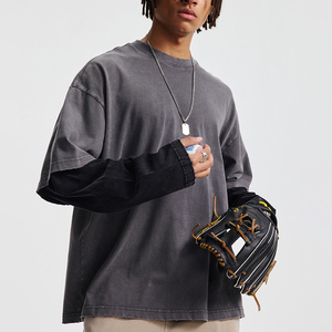 Custom Retro Acid Wash <b>Tshirt</b> Unisex Streetwear Print Graphic Double Layer O-neck <b>Long</b> Sleeve T-shirt for Men - Product Image 5