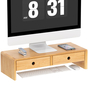 Support d'écran multifonctionnel en bambou durable, organiseur de bureau, rehausseur d'ordinateur portable avec deux tiroirs, finition laquée NC - Product Image 1