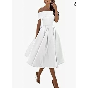 Off The Shoulder Satin A Line Midi Dress For Women Party Evening Wear - Product Image 2
