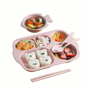 Ensemble de 6 pièces : assiette, tasse, bol, baguettes, fourchette, cuillère - Sets de vaisselle en paille de blé, assiettes à compartiments - Product Image 1