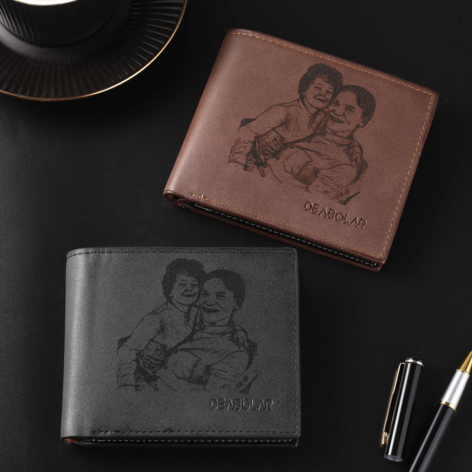 Personalized Picture Engraved Names Purses Casual Bifold Real Leather Luxury Custom Men Wallet