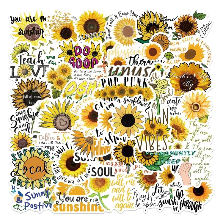 50 Piece Sunflower Decal Stickers For Headgear Ski Helmet Laptop Water Bottles Luggage Walls Phones Diary Gift Box