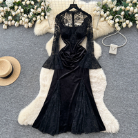 Robe de soirée élégante pour femmes, en velours, patchwork, dentelle, manches longues, style trompette, sirène, décontractée, pour occasions spéciales