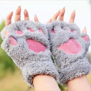 Women Girls Lovely Fluffy Bear Cat Plush Paw <strong>Claw</strong> Half Finger <strong>Gloves</strong> Mitten Winter Warm Fingerless <strong>Gloves</strong> - Product Image 2