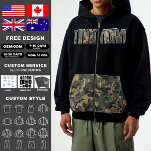 KingSen Men's Camo Patchwork Full Zip Hoodie <b>Applique</b> Embroidery Fleece Sweatshirt with Patch Pocket Oversized Streetwear - Product Image 2