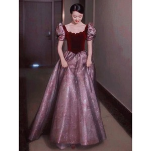 Puff Sleeve Evening Gown Long Skirt Red Women Stage Performance Dress For Brides Toasting Vocal Art Exam Hosting Chorus - Product Image 3