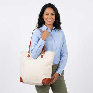 Sac fourre-tout en toile avec poignées et coins en cuir, grande taille, sac de courses quotidien, fabriqué au Bangladesh - Product Image 2