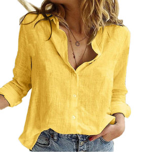 Damen Schmal Geschnittenes Baumwoll-Leinen V-Ausschnitt-Shirt mit Krempelärmeln, Langärmlig, Einfarbig, Geknöpft, Lässiges Modisches Crop-Top für den Herbst - Product Image 2