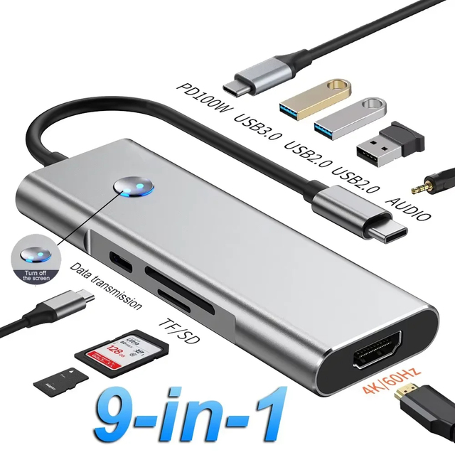 9 in 1 USB C Docking Station 100W PD Fast Charging 4K 60Hz HDMI USB3.0 SD TF 3.5mm Audio Multiport Hub for Laptop Hardware