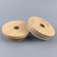 Couvre-bocaux en bambou de 70 mm avec trou pour paille, bonne étanchéité, avec anneau en silicone pour bocaux et bouteilles en verre