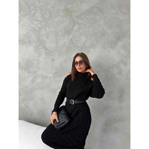 Robe en tricot ceinturée noire, robe pull midi décontractée avec ceinture et poches - Product Image 1