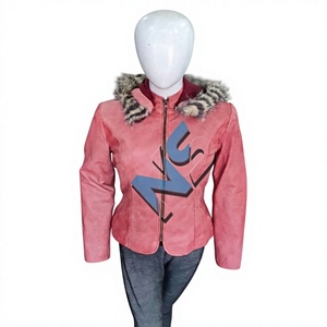 Nabtay Sports Women's Pink Real Leather Thick Bomber <b>Jacket</b> Fur Trim Zipper Closure Winter Coat Regular Length Full Sleeve Solid - Product Image 1