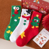Nouvelles chaussettes d'hiver mi-mollet en polaire corail, épaisses, thermiques, sans couture, en polyester jacquard, motif dessin animé de Noël, pour femme, pour la maison