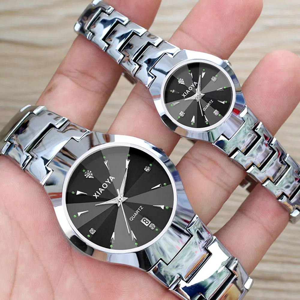 Xiaoya relógio de pulso para casal, relógios de luxo de quartzo para presente, de aço inoxidável, tungstênio, pulseira de relógio masculino