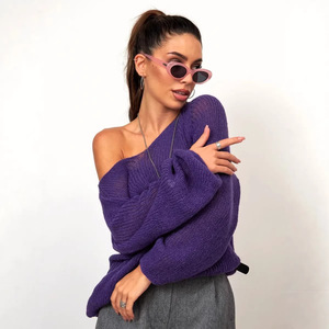 Knitted Sun Protection Shirt V-<b>neck</b> Solid Color Hollow-out Loose Fit Cover-up For Women Spring Summer Stylish Commute - Product Image 3