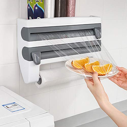 Colgador de papel 4 en 1, estante de almacenamiento de película adhesiva, soporte para rollo de película, cortador, montado en la pared, dispensador de papel de cocina de plástico