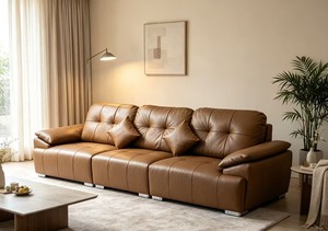 Sofá de cuero de 3 plazas con estructura de madera de lencero y patas de metal, acolchado y capitoné, color personalizado para sala de estar moderna, sofás para sala de estar - Product Image 2