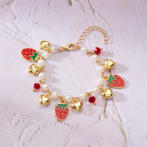 <strong>Korean</strong> Elegant Adjustable Alloy Pearl Heart Shaped Cherry Bracelet for Women Gold Plated Enamel Strawberry <strong>Charm</strong> for Summer - Product Image 5