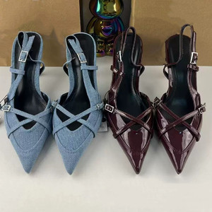 New Arrival: Women's Blue Denim High-Heel <b>Mule</b> Sandals, British Style Cross-Strap Backless Slip-On Shoes - Product Image 1