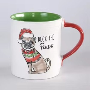 Support Customizing Cute <strong>Pug</strong> <strong>Mug</strong> Green Interior Red Handle Deck the Paws Print Festive Ceramic Coffee <strong>Mug</strong> for Christmas Gifting - Product Image 3