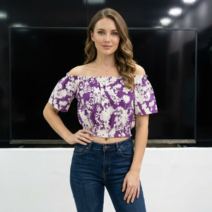 Blusa de Mujer Estilo Gótico con Hombros Descubiertos, Estampado Floral, 100% Algodón Tejido, Manga Corta, Casual, Primavera Verano - Product Image 4