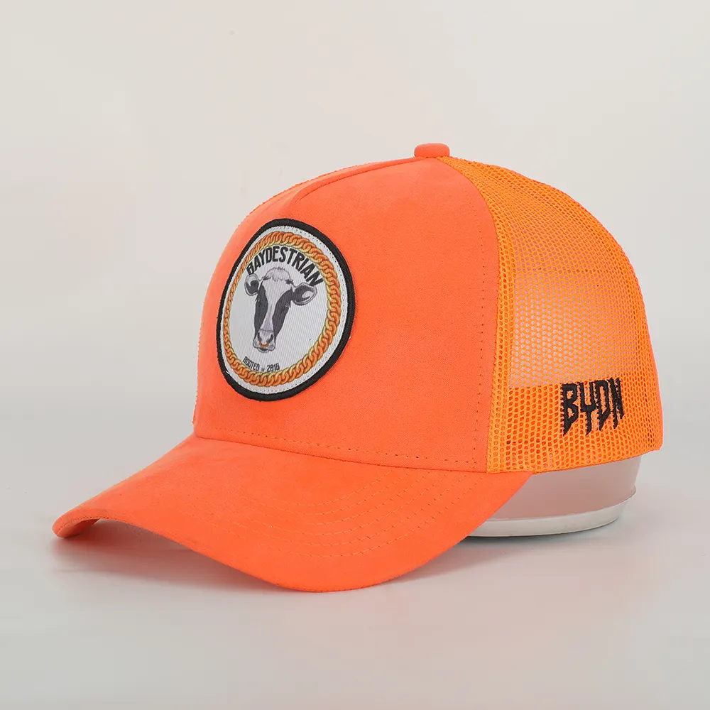 Wholesale Bulk Custom High Quality 5 Panel Plain Sublimated Patch Embroidery Logo Suede Neon Orange Mesh Trucker Cap And Hat
