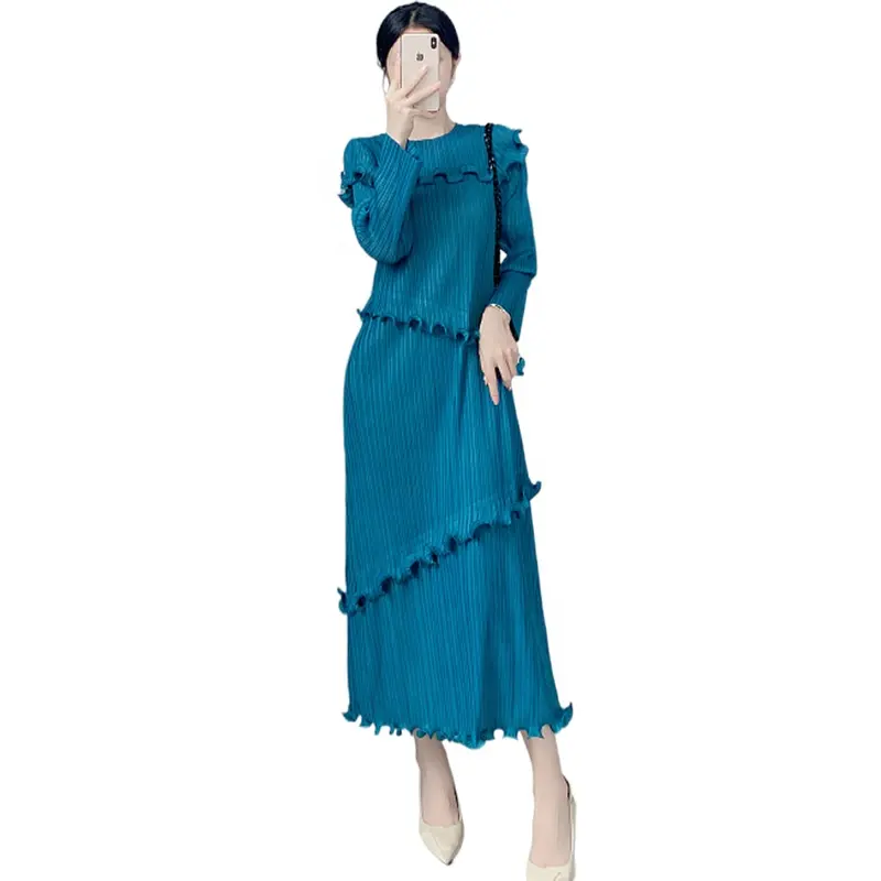 Miyake design dress fall 2022 new slim slim dress round neck long sleeves in long-style women's skirt