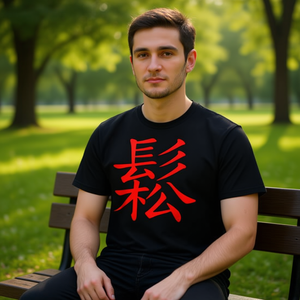 T-shirt unisexe pour adulte à col rond et manches courtes, avec impression sérigraphiée noire et rouge du symbole de relaxation de l'écriture chinoise - Product Image 3