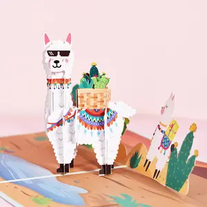 Personalizar lujo Alpaca antigua impresora 3D Pop Up Paper Festival tarjeta de felicitación con sobre