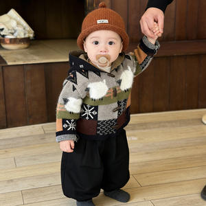 Vêtements pour bébé en acrylique de style coréen, printemps automne, garçons filles, manteau tricoté rétro, ensemble tendance deux pièces pour garçons - Product Image 4