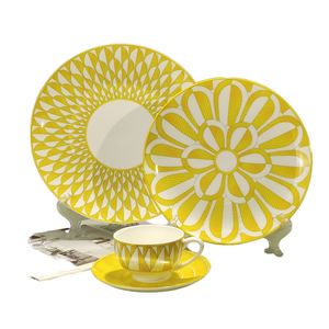 Ensemble de 4 tasses à café en porcelaine osseuse à motif géométrique de tournesol jaune, vaisselle en céramique orientale pour la maison, le bureau, le thé - Product Image 1