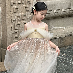 שמלת נסיכה ללא שרוולים עם פאייטים בצבע שמפניה, שמלת טול עם קשת ופנינים, שמלת מקסי, שמלת נשף לילדות, לחתונה, יום הולדת, תחרות יופי, מסיבה - Product Image 1