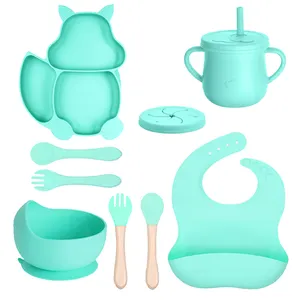 Bpa-free Unbreakable Toddler Cutlery Utensils Silicone Bib Dividing Dish Sucking Bowl Feeding Spoon Silicone Baby Cartoon Set