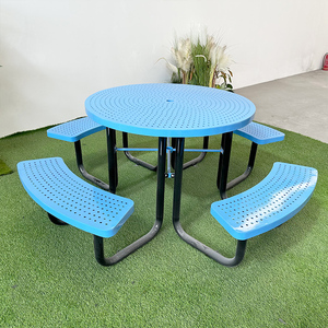 Mesas de jardín comerciales de acero con revestimiento termoplástico para exteriores, banco para <span class=keywords><strong>Patio</strong></span>, sombrilla, mesa de Picnic con agujeros - Product Image 3